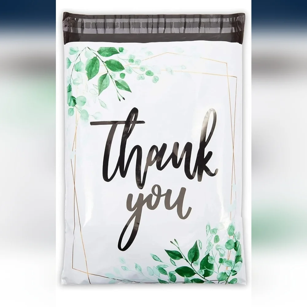 15 ct Green floral polymailers with white background